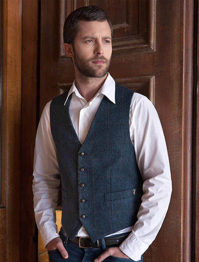 Classic Tweed Waistcoat - Denim &amp; Rust Check 