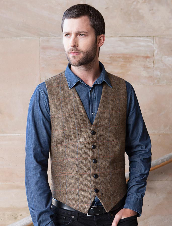 Irish Tweed Herringbone Waistcoat - Brown &amp; Blue/Red Check