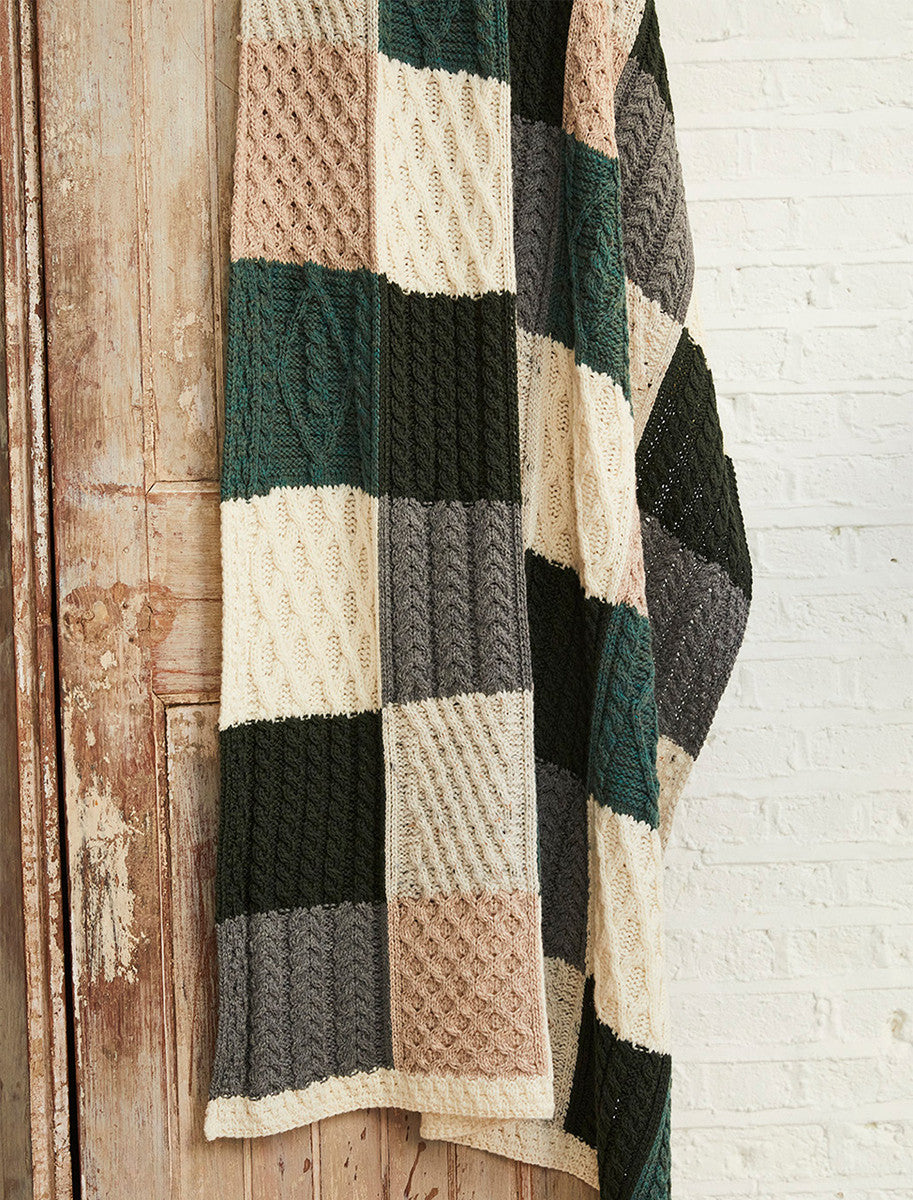 Multi-Tone Aran Patchwork Throw - White, Grey &amp; Green 
