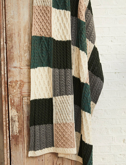 Multi-Tone Aran Patchwork Throw - White, Grey &amp; Green 