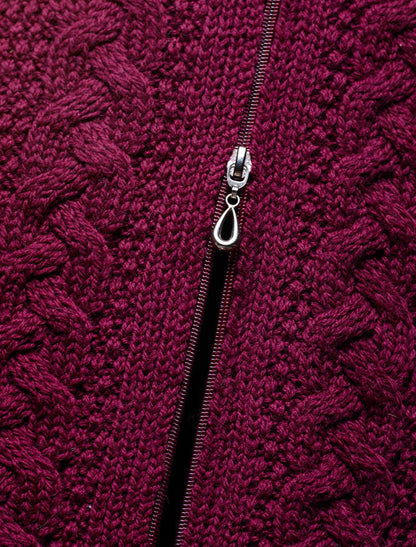 Double Collar Merino Aran Coat - close up zip