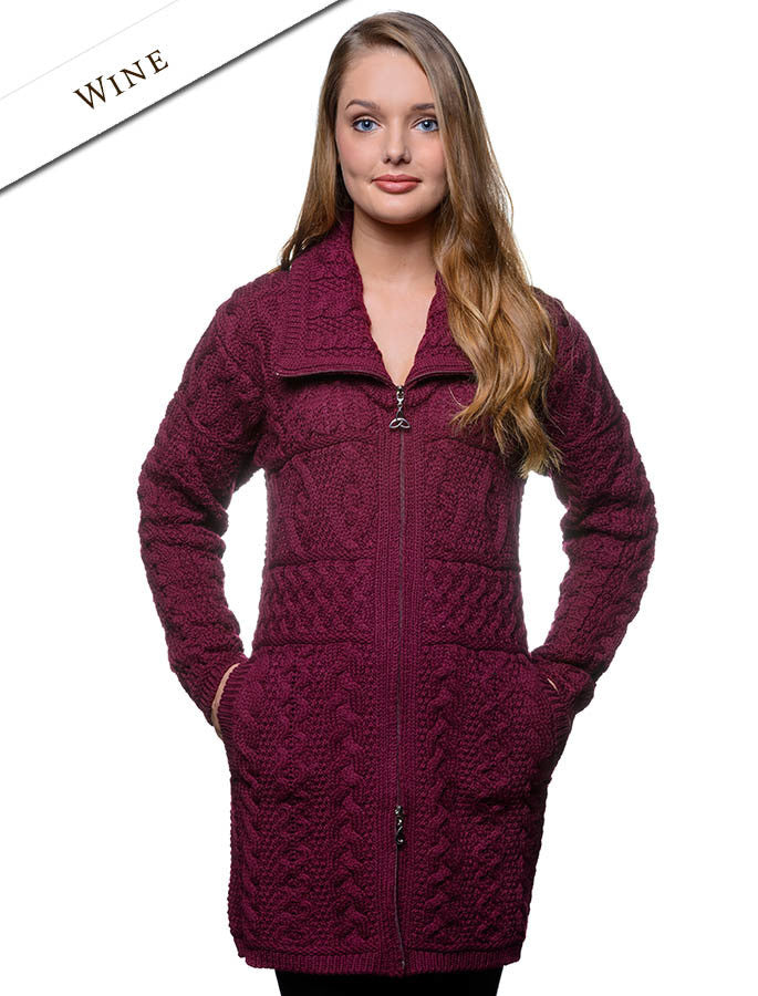 Double Collar Merino Aran Coat - Wine 