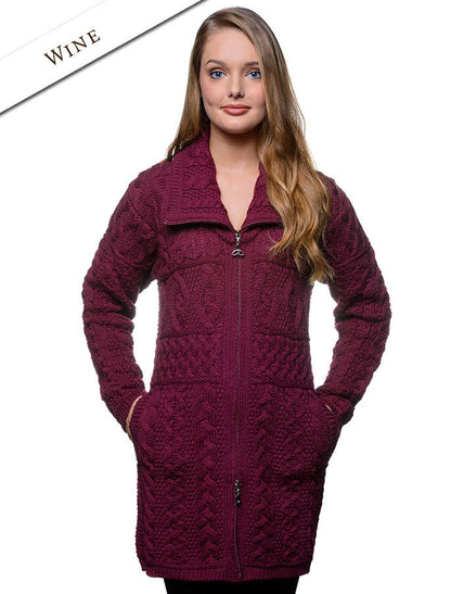 Double Collar Merino Aran Coat - Wine 