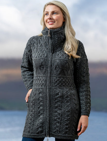 Double Collar Merino Aran Coat - wine 