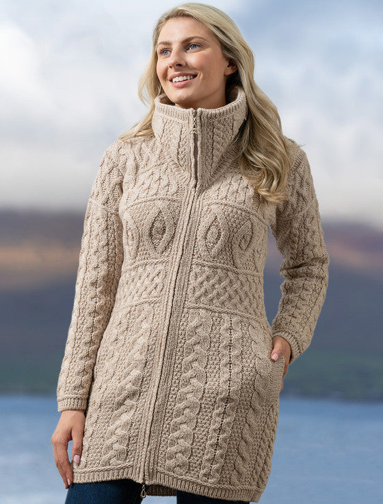 Double Collar Merino Aran Coat - wine 