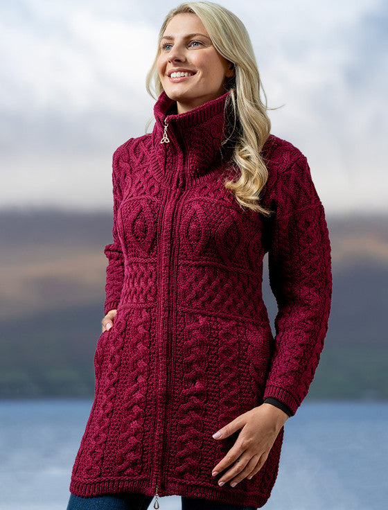 Double Collar Merino Aran Coat - wine 