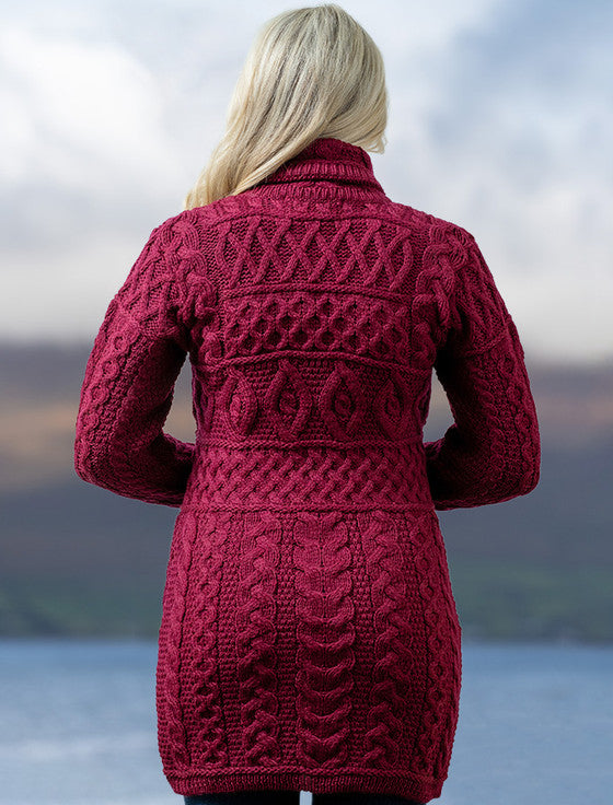 Double Collar Merino Aran Coat - wine 