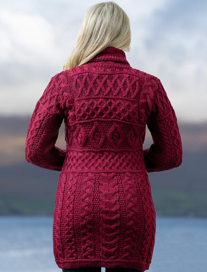 Double Collar Merino Aran Coat - wine 