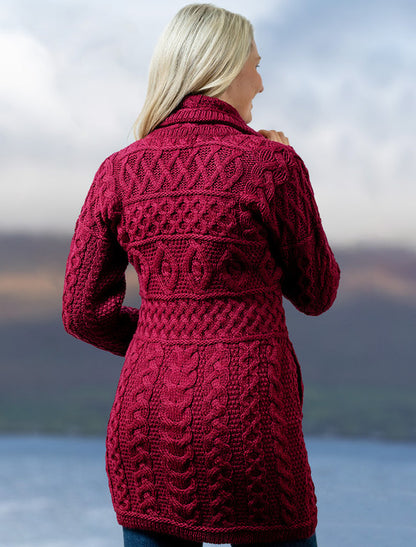 Double Collar Merino Aran Coat - wine 