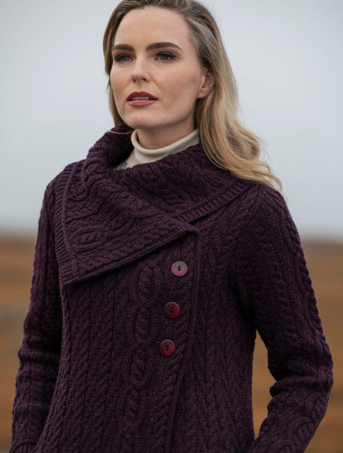 Large Collar Aran Coat - Damson 