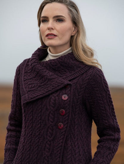 Large Collar Aran Coat - Damson 