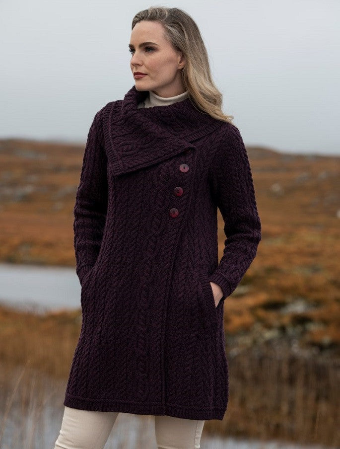 Large Collar Aran Coat - Damson 