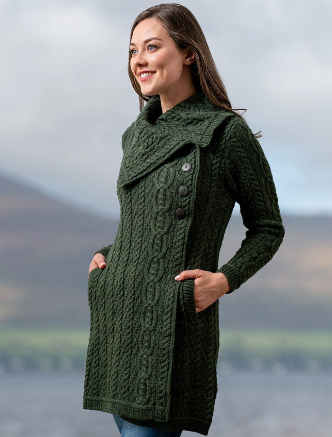 Large Collar Aran Coat - Army Green 