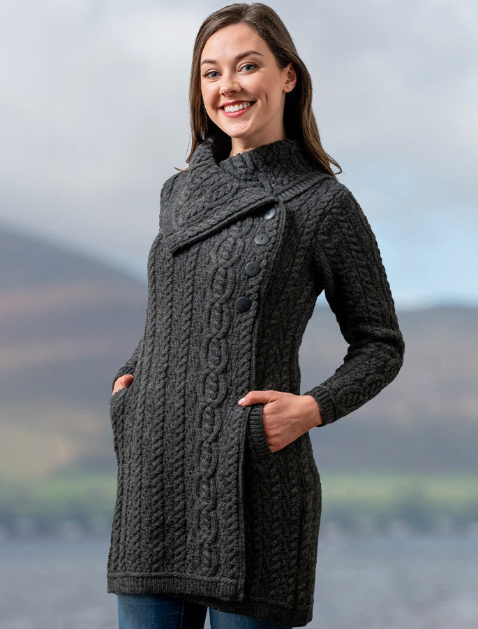 Large Collar Aran Coat - Charcoal 