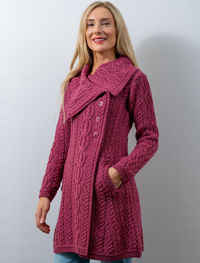 Large Collar Aran Coat - Magenta 