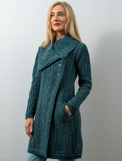 Large Collar Aran Coat - Peacock 