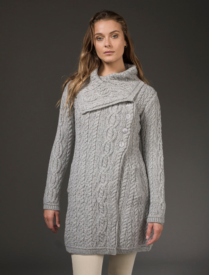 Large Collar Aran Coat - Soft Grey 