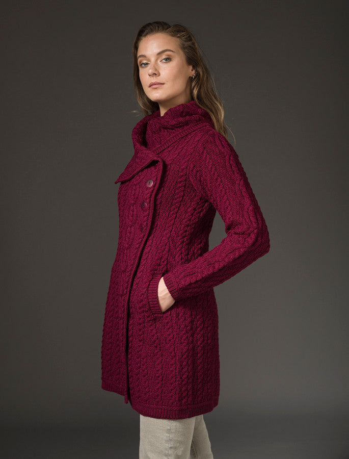 Large Collar Aran Coat - Wine 