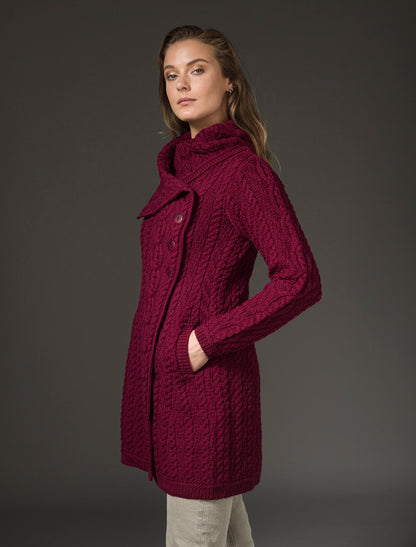 Large Collar Aran Coat - Wine 