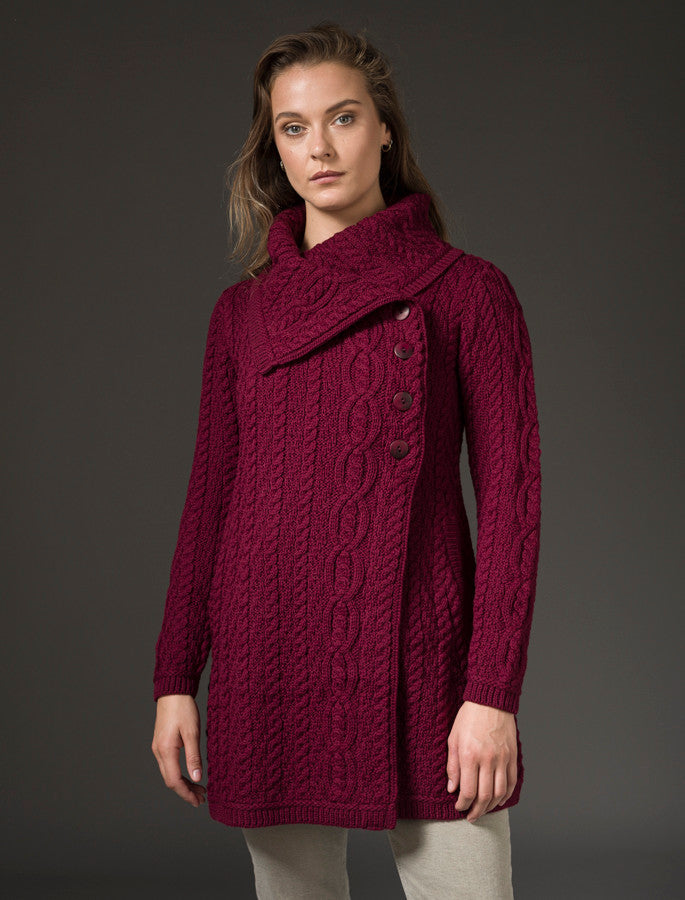 Large Collar Aran Coat - Wine 