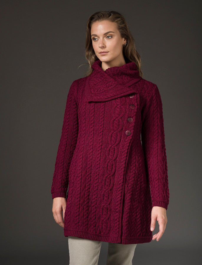 Large Collar Aran Coat - Wine 