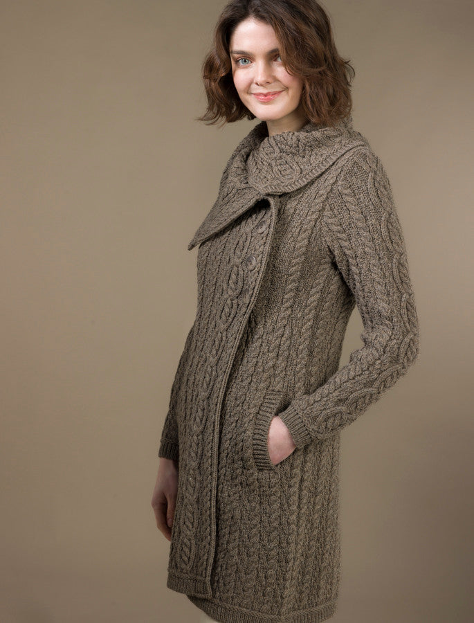 Large Collar Aran Coat - Brown 