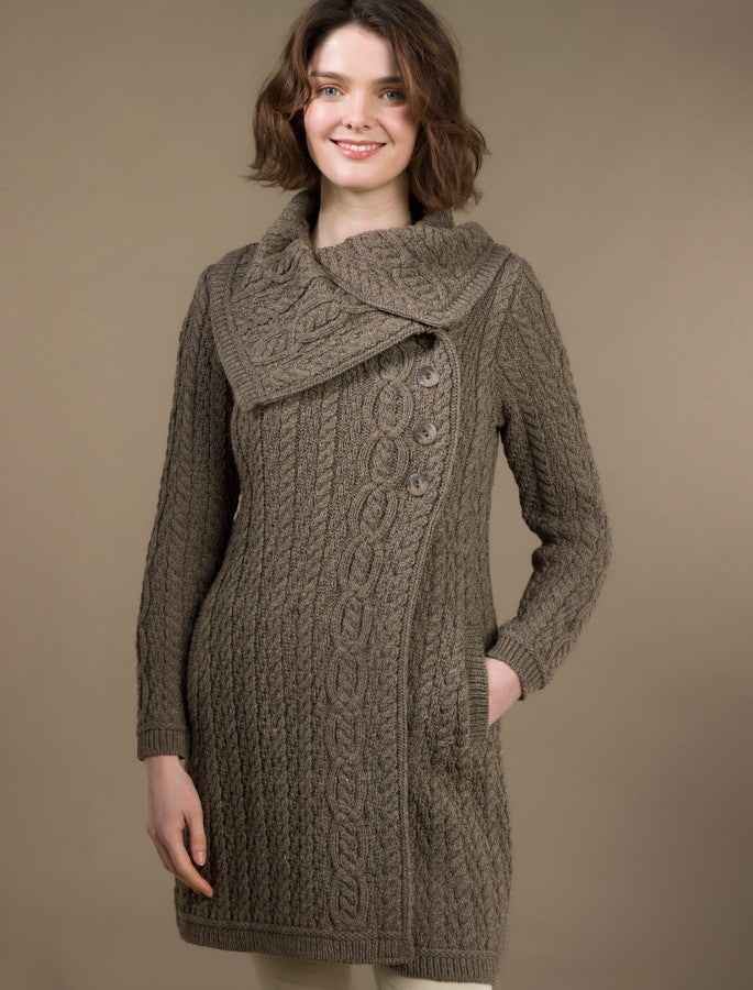 Large Collar Aran Coat - Brown 