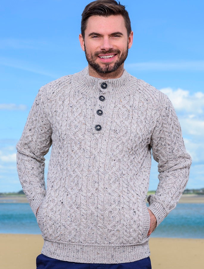 Merino Button Neck Aran Troyer - Oatmeal 