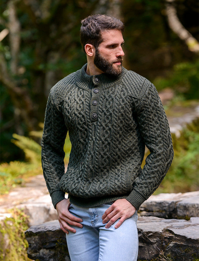Merino Button Neck Aran Troyer - Charcoal 