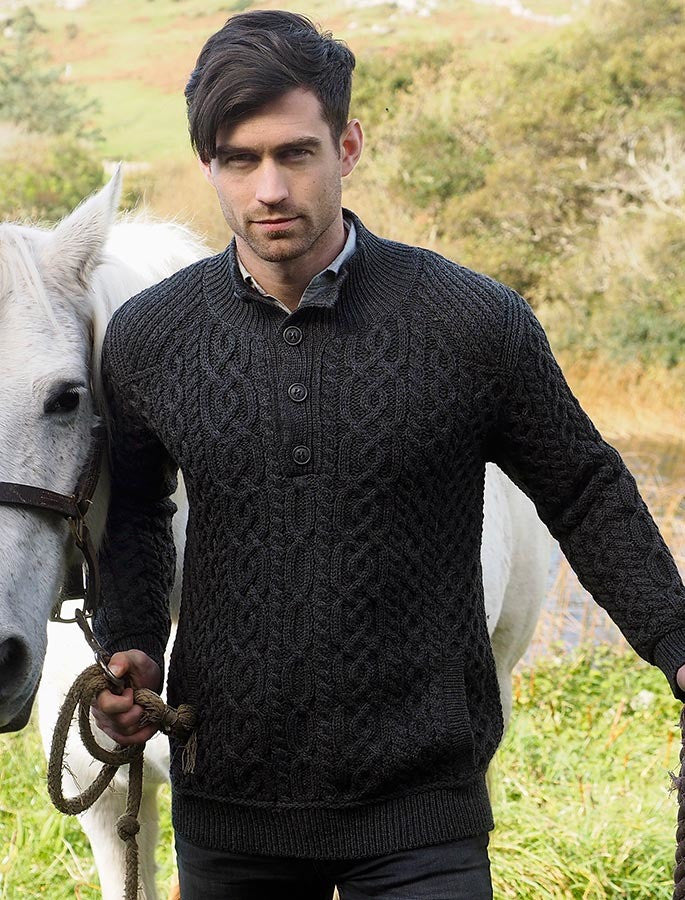 Merino Button Neck Aran Troyer - Charcoal 