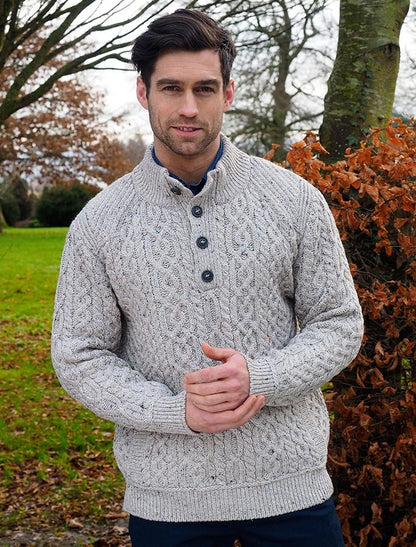 Merino Button Neck Aran Troyer - Oatmeal 