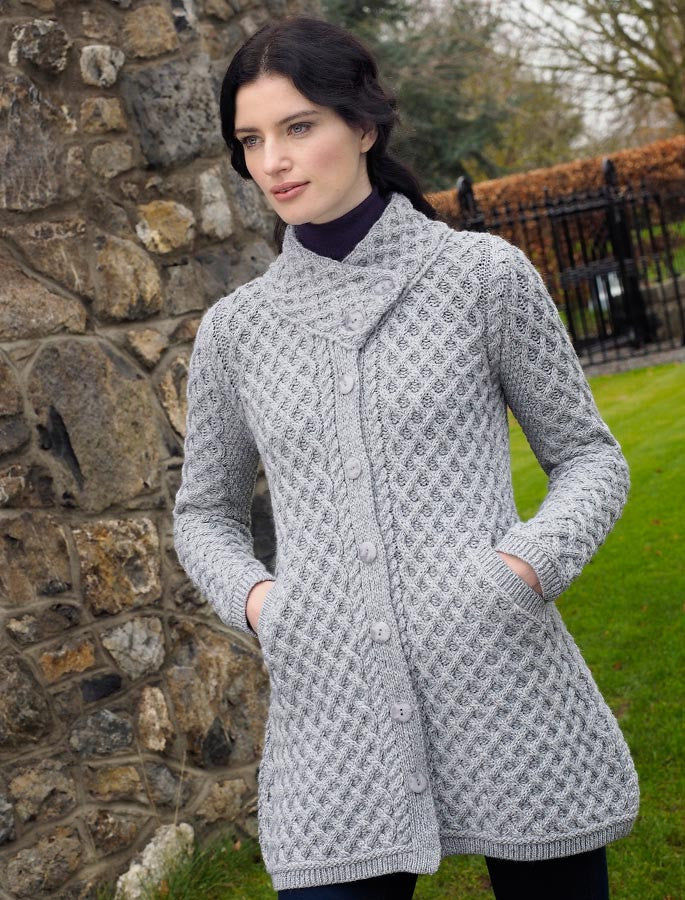 Merino Cross Over Neck Aran Coatigan - Soft Grey 