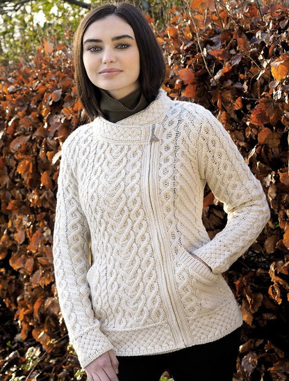 Merino Wool Side Zip Aran Cardigan - Natural White 