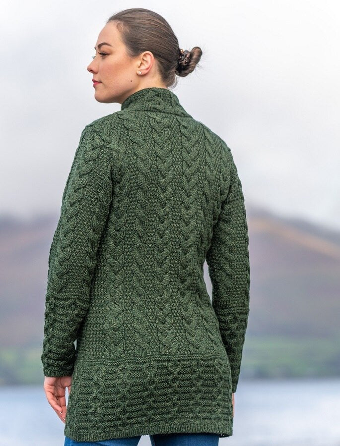 Ladies Merino Cable Design Zip Coatigan - Army Green 