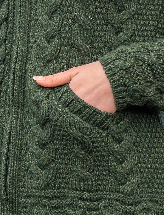 Ladies Merino Cable Design Zip Coatigan - Army Green 