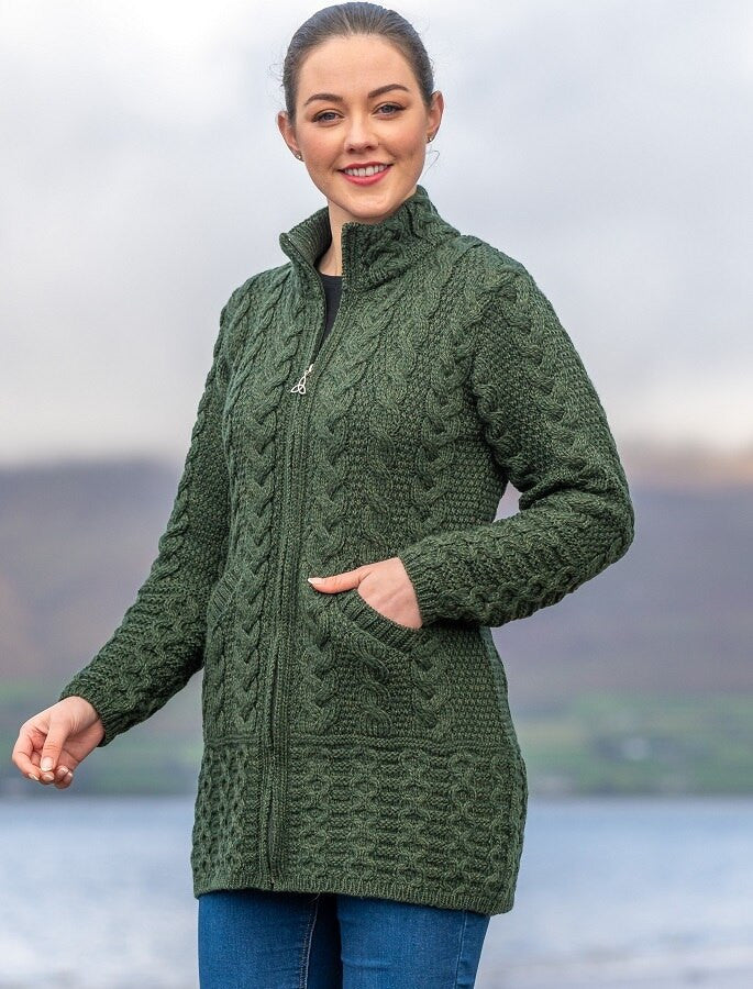 Ladies Merino Cable Design Zip Coatigan - Army Green 