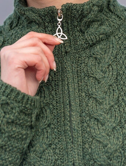 Ladies Merino Cable Design Zip Coatigan - Army Green 