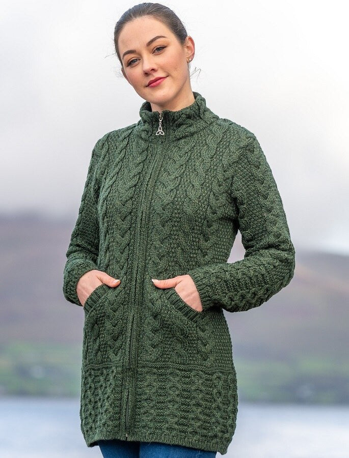 Ladies Merino Cable Design Zip Coatigan - Army Green 