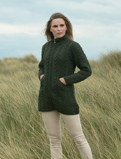 Ladies Merino Cable Design Zip Coatigan - Army Green 