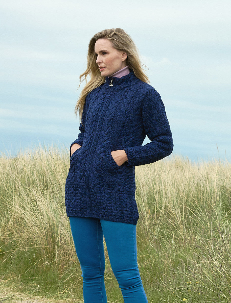 Ladies Merino Cable Design Zip Coatigan - Midnight 