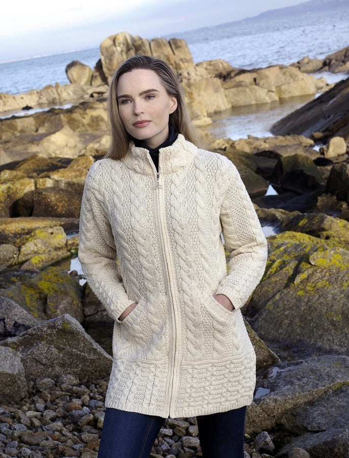 Ladies Merino Cable Design Zip Coatigan - Natural White 