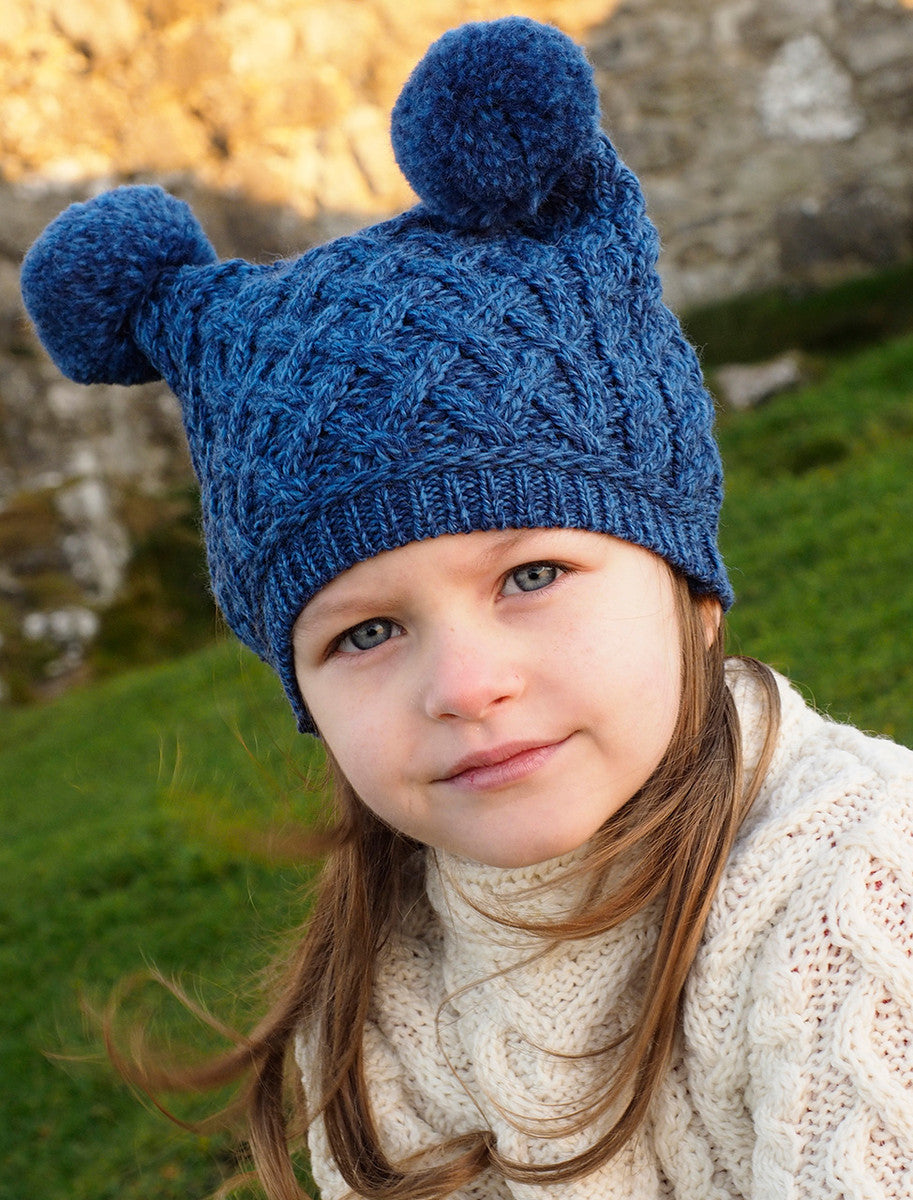 Kids Merino Aran Trellis Pom Pom Hat - Blue Marl