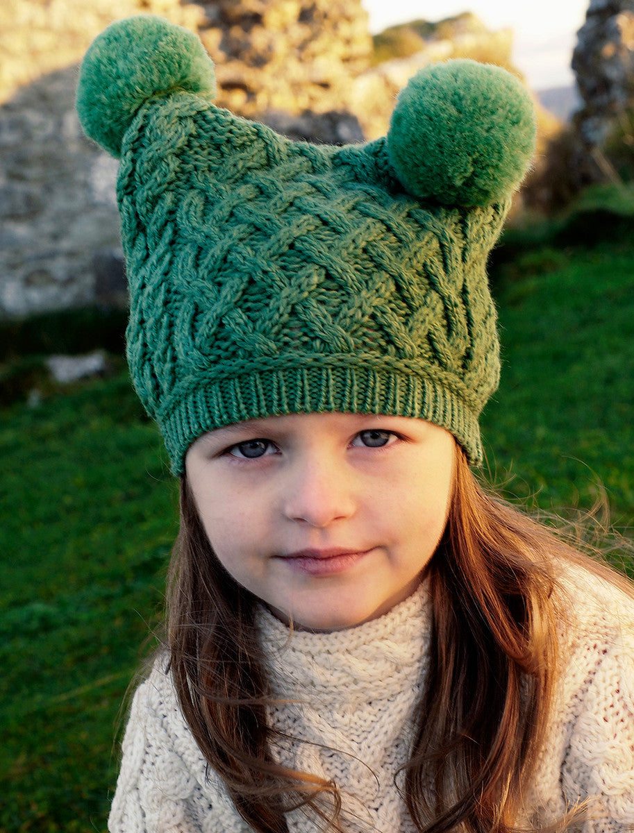 Kids Merino Aran Trellis Pom Pom Hat - Green Marl