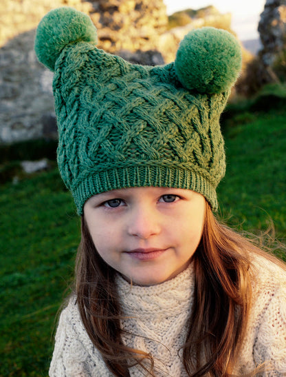 Kids Merino Aran Trellis Pom Pom Hat - Green Marl