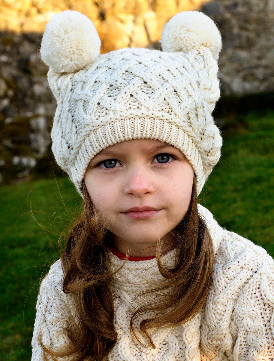 Kids Merino Aran Trellis Pom Pom Hat - Natural