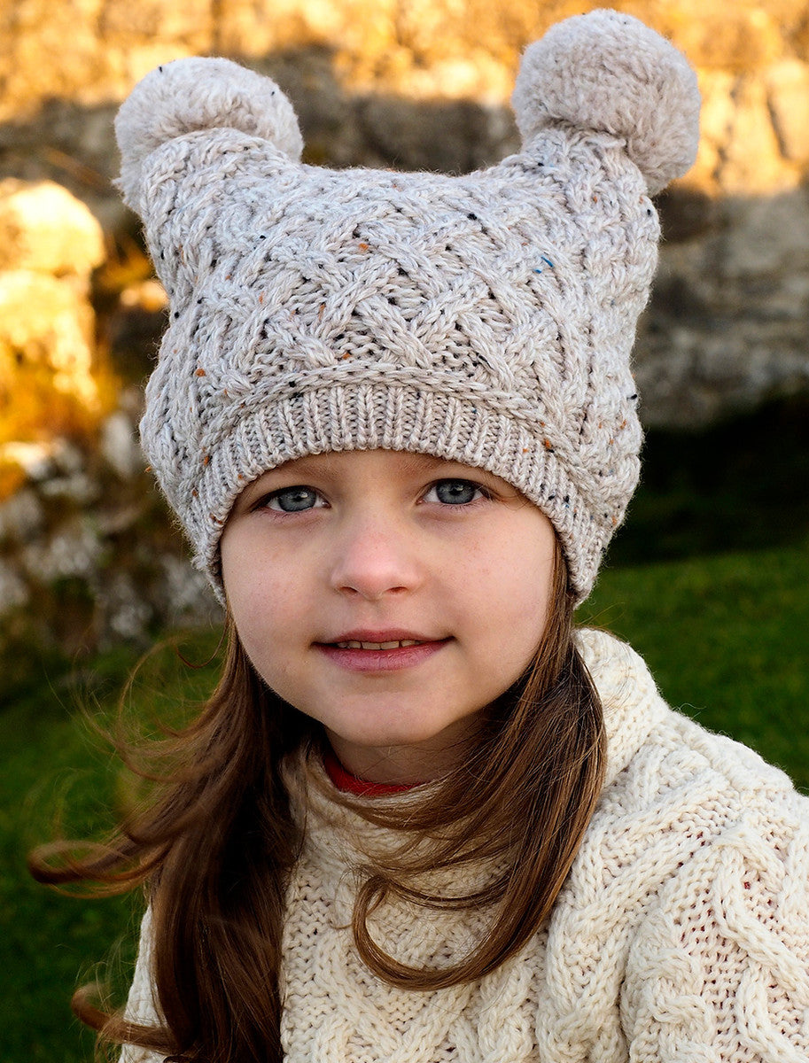 Kids Merino Aran Trellis Pom Pom Hat - Oatmeal