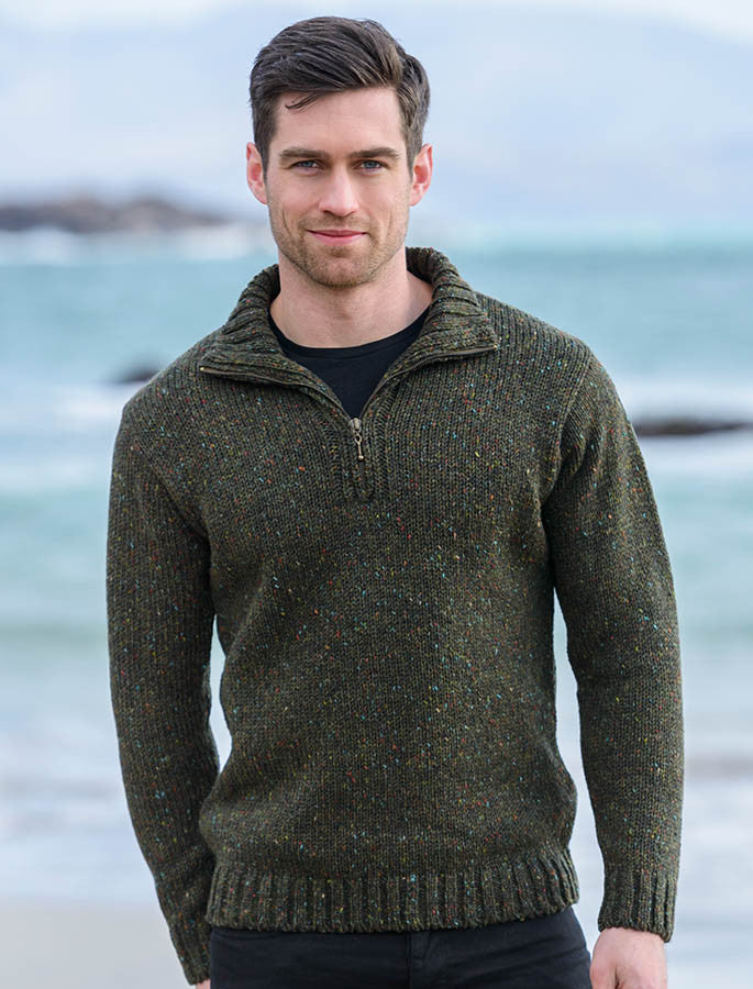 Donegal Tweed Half Zip Sweater - Forest Green 