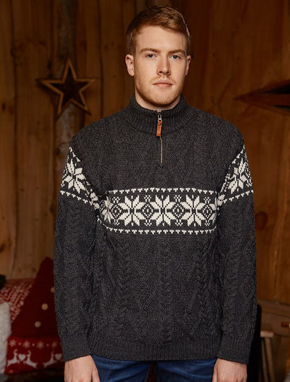 Winter Fair Isle Zip-Neck Aran Sweater - Charcoal Natural 