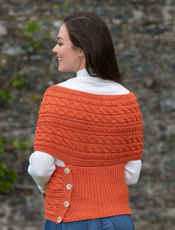 Merino Aran Cable Crossover Wrap with Buttons - Autumn Leaf 