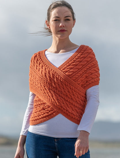 Merino Aran Cable Crossover Wrap with Buttons - Autumn Leaf 
